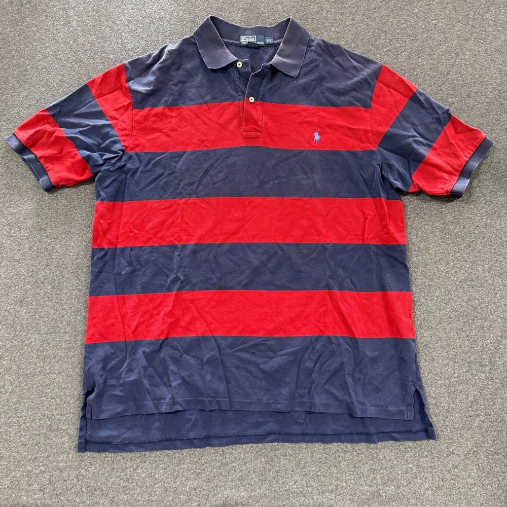 Vintage Polo Ralph Lauren Polo Shirt Mens 2LT Navy Red Good Striped Short Sleeve